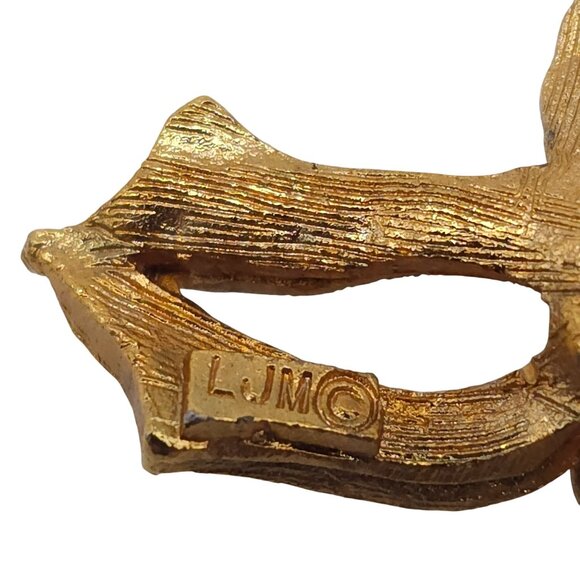 Vintage Signed LJM Gold-Tone Holly Wreath Brooch Red Green Rhinestone Crystal - Picture 4 of 4